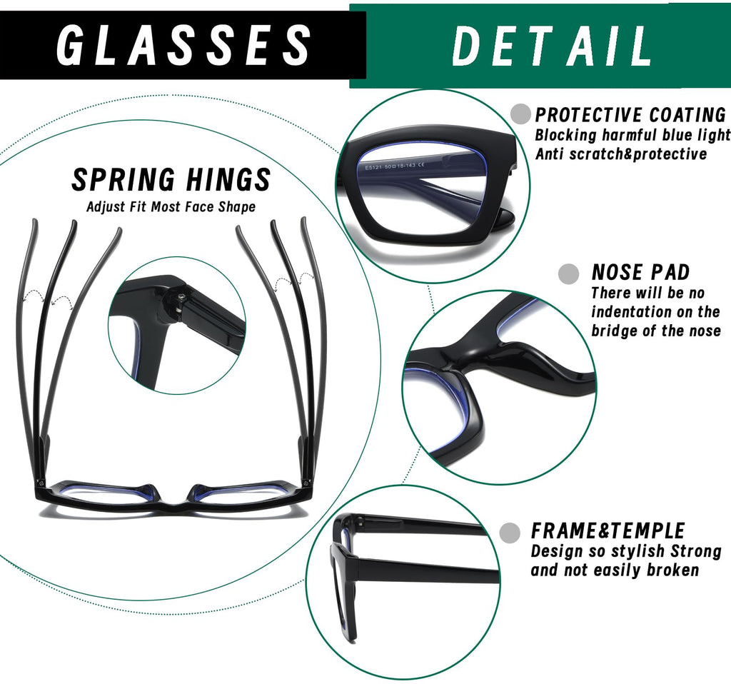 Hubeye Progressive Reading Glasses For Women Oprah Style Blue Light Blocking Computer Multifocus Square Reader （Green+Black+Clear，+1.75）