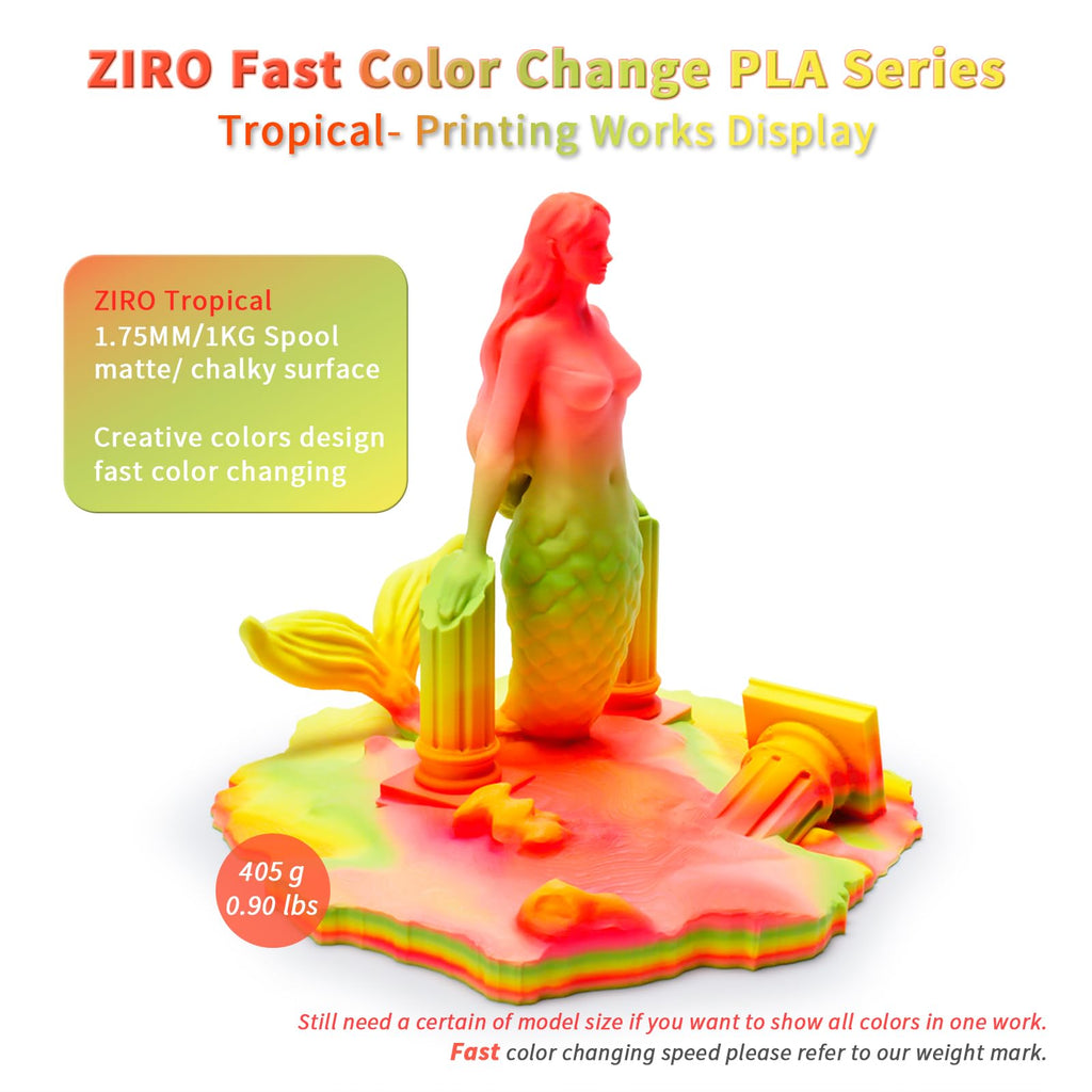 ZIRO 3D Printer Filament, Faster Color Change Filament 1.75mm, Color Gradient Material, No-Shine Rainbow PLA, Dimensional Accuracy +/- 0.03mm, Fit Most FDM Printer 1KG Spool, Tropical (Matte)
