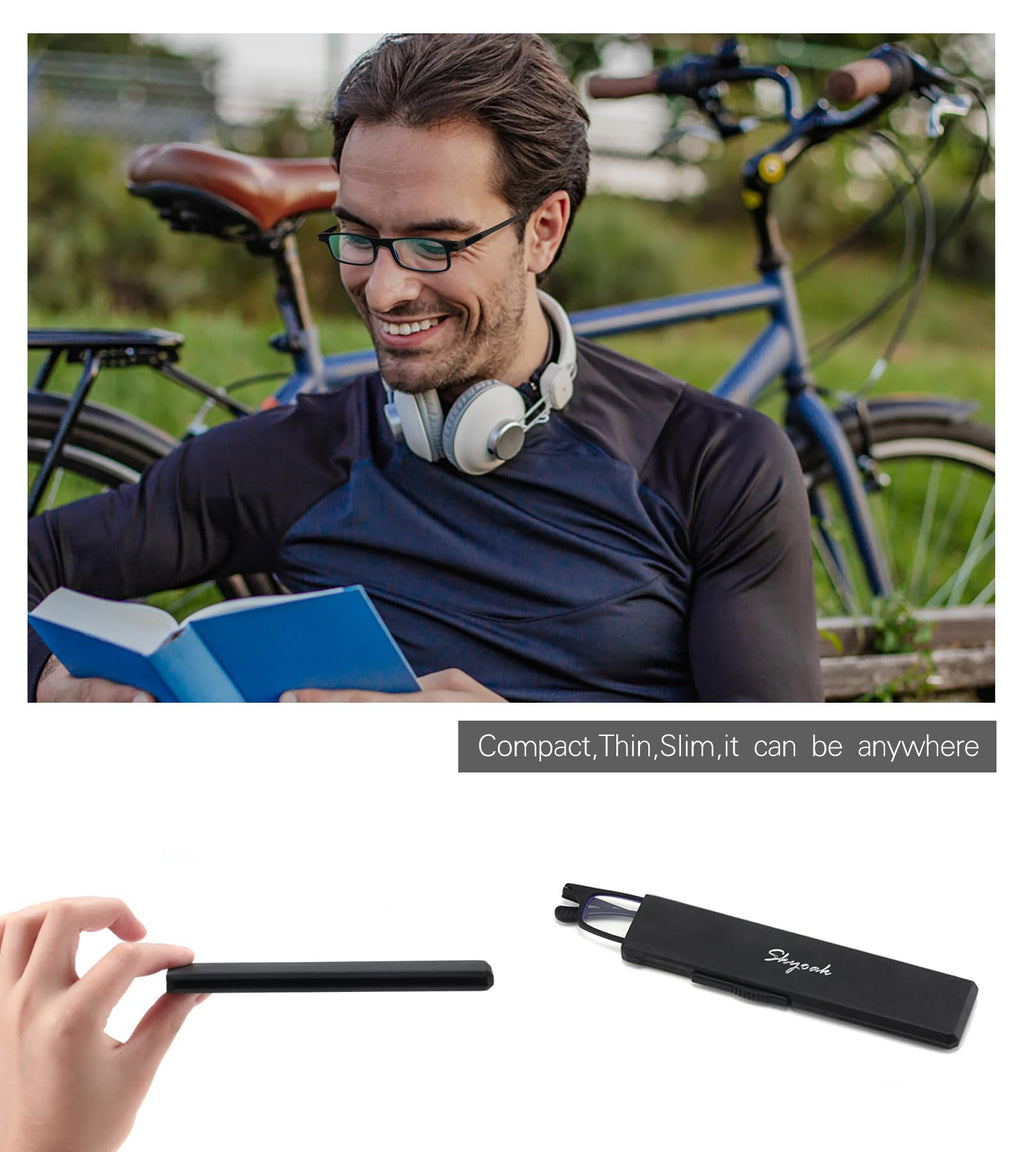 2 Pack Ultra Thin Lightweight Folding Reading Glasses Women Men TR90 Blue Light Blocking Anti UV/Eyestrain Foldable Compact Computer Readers Portable Unique Stretchable Slim Flat case Black +2.5
