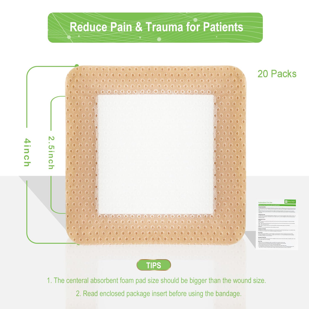 NeuHeils Silicone Foam Dressing with Gentle Border 4''x4'' for Bed Sore Leg Ulcer 20 Pack, High Absorbency Waterproof Silicone Wound Bandage