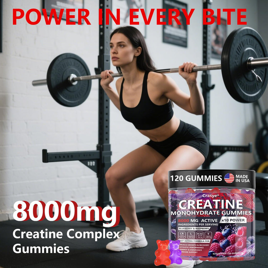 Crasye Creatine Monohydrate Gummies Complex 8000 MG for Men Women, Creatine Gummy with Taurine BCAA for Energy Support and Muscle Strength, Sugar Free Pre-Workout Supplement
