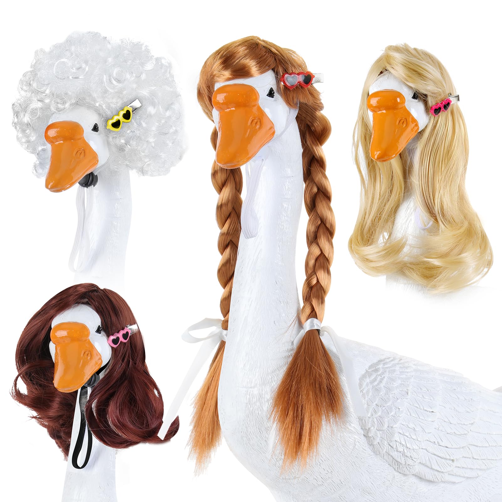 Tawd 4 Pcs Porch Goose Wigs for 17/23" Statues, Braided Lawn Goose Costume with Secure Clips for Outdoor Garden Patio Yard Decoration