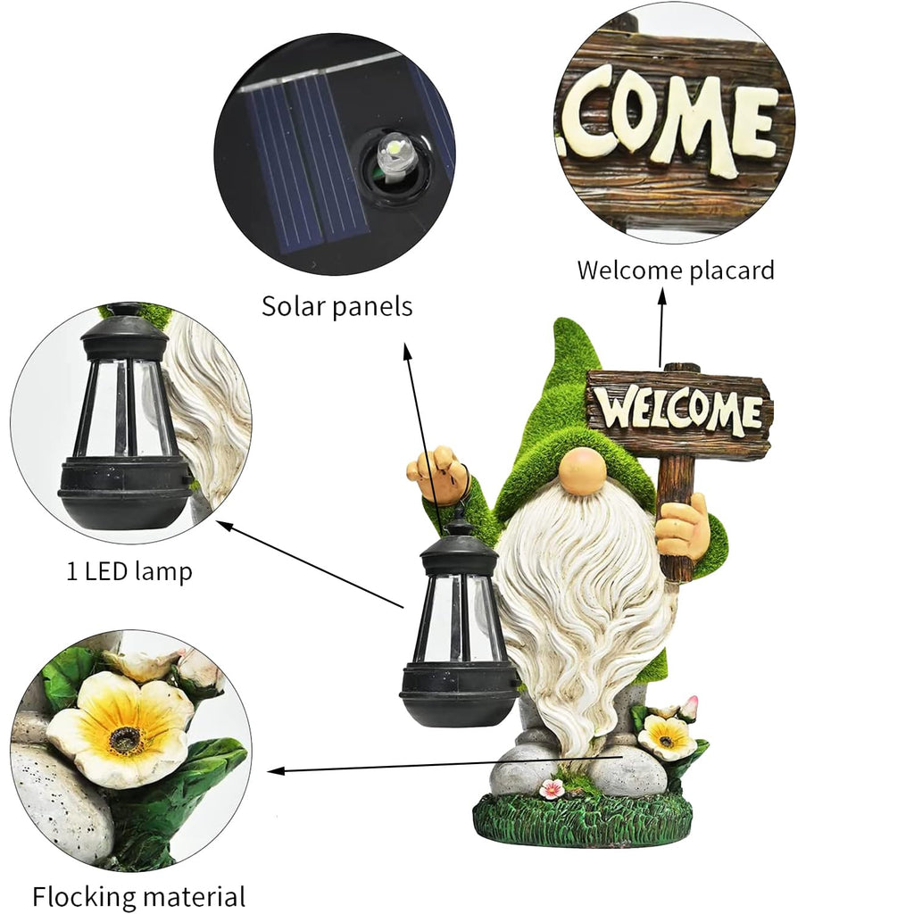 Meagkka Garden Gnome Statue Outdoor Decor Large Flocked Resin Gnome Figurine with Solar Light Holding Lantern Welcome Sign Garden Yard Decorations Dwarf Sculpture for Outside Patio Porch Lawn Decor.