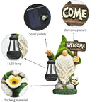 Meagkka Garden Gnome Statue Outdoor Decor Large Flocked Resin Gnome Figurine with Solar Light Holding Lantern Welcome Sign Garden Yard Decorations Dwarf Sculpture for Outside Patio Porch Lawn Decor.