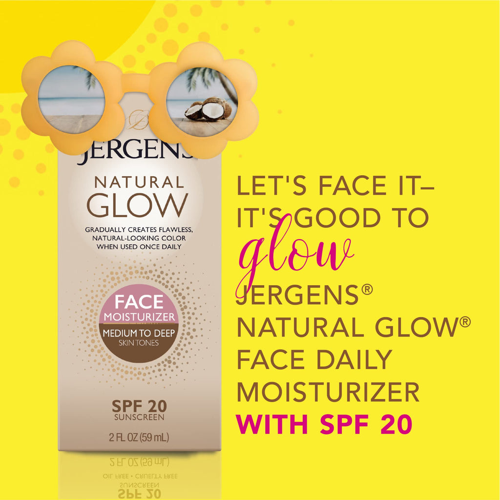 Jergens Natural Glow Face Self Tanner Lotion with SPF 20, Sunless Tanning, Medium to Deep Skin Tone Moisturizer, Daily Facial Sunscreen, Oil Free, Broad Spectrum UVA and UVB Protection,2 Oz(Pack of 2)