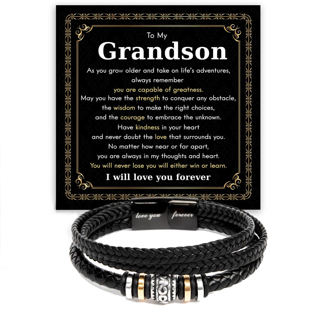 Mapileng To My Grandson – Braided Leather Bracelet with Love You Forever Message, Thoughtful Gift from Grandpa & Grandma with Elegant Gift Box – Ideal for Birthday, Graduation, Christmas For Grandson