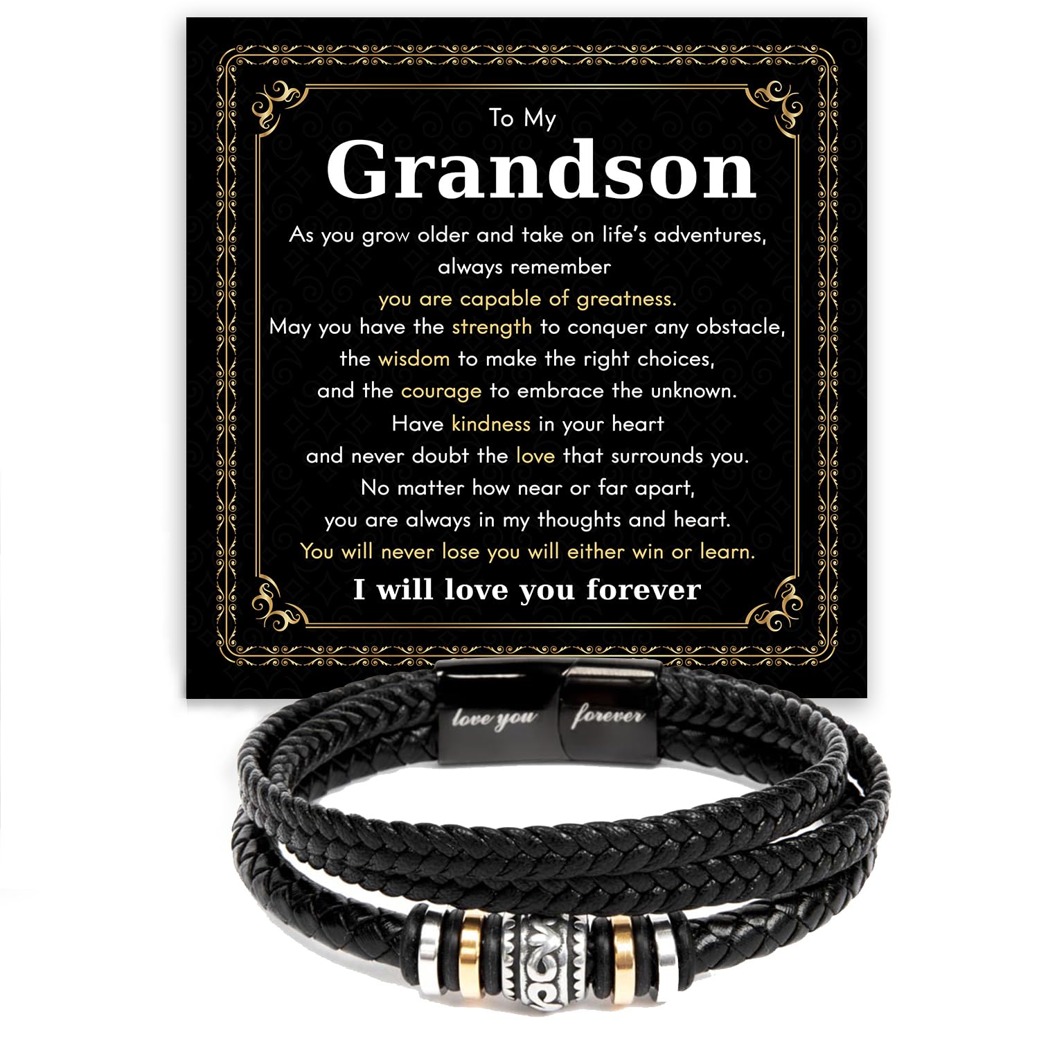 Mapileng To My Grandson – Braided Leather Bracelet with Love You Forever Message, Thoughtful Gift from Grandpa & Grandma with Elegant Gift Box – Ideal for Birthday, Graduation, Christmas For Grandson