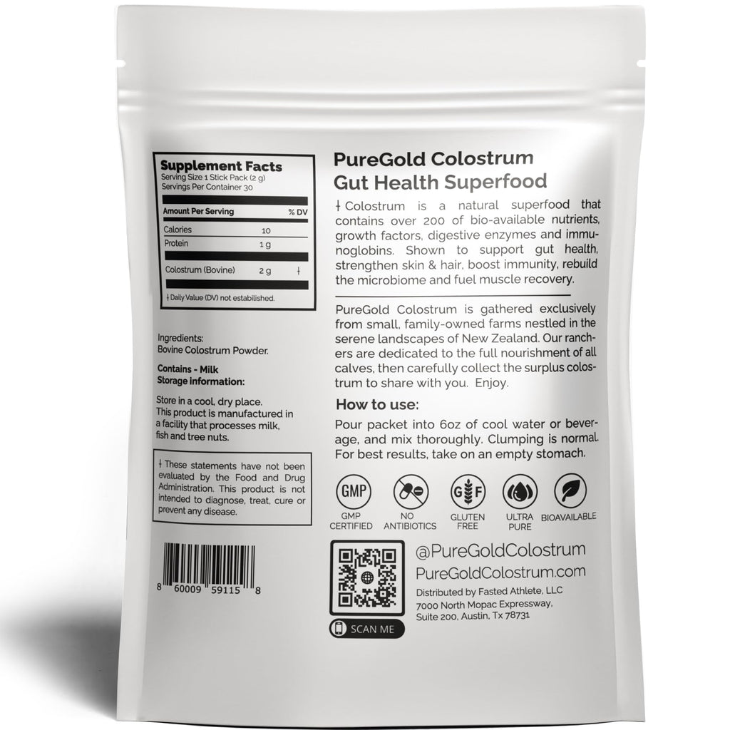 PureGold - Bovine Colostrum Powder - 100% Pure New Zealand Grass Fed, Supports Gut Health, Skin, Hair, & Immunity – Colostrum Supplement, Unflavored, 30 Travel Packets