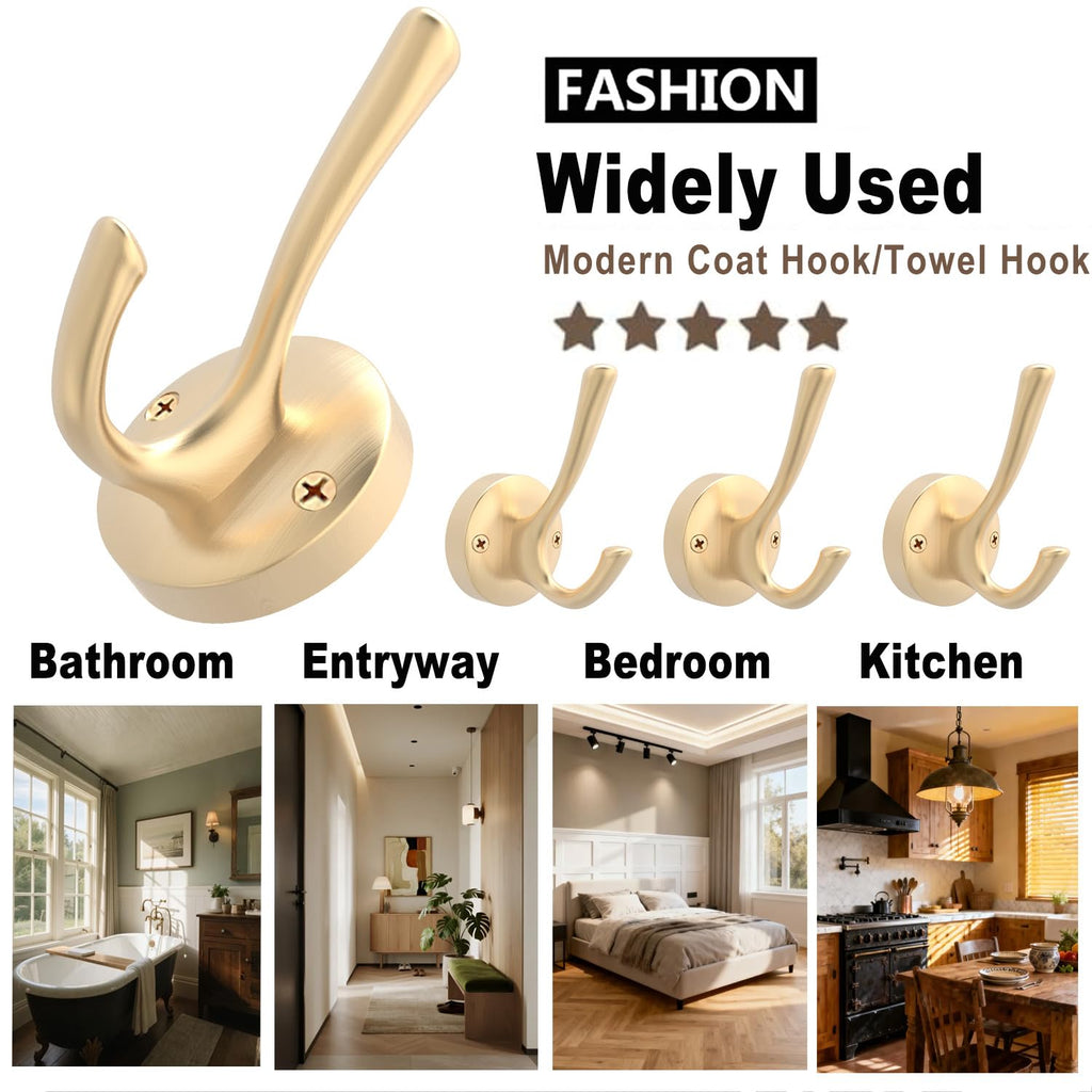 TOFIIGREM Gold Coat Hooks for Wall, 2 Pack Heavy Duty Towel Robe Hooks, Hats Hooks for Entryway Cubicle Closet Mudroom Bathroom Garage