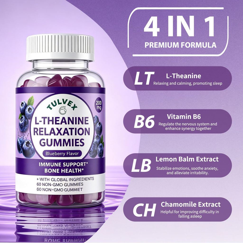 Tulvex L-Theanine Calm Gummies 200mg, Sugar-Free Liposomal L Theanine Supplement for Brain, Relax, Zzz, Stress,Fast-Acting Calm & Mood Support, Vitamin B6, Vegan,Non-GMO