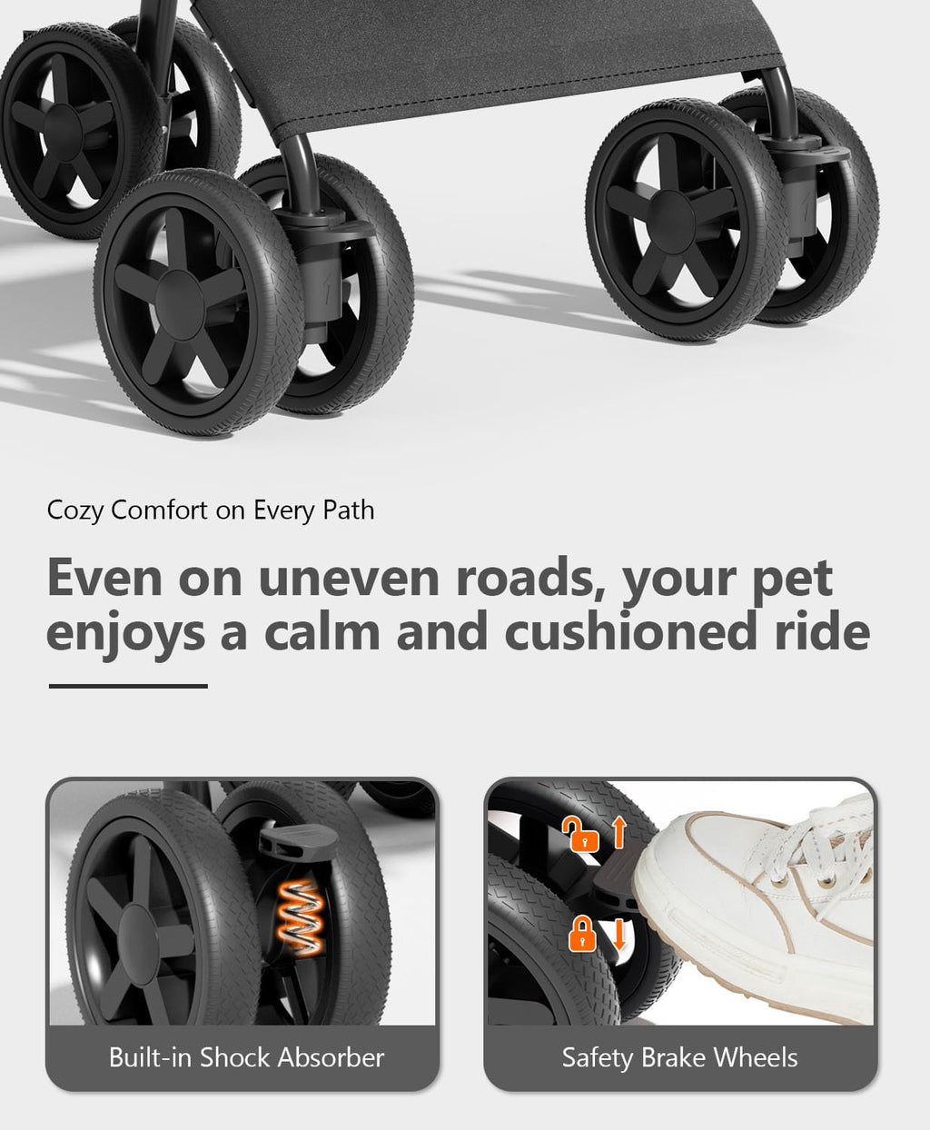 OS MOTOR Pet Stroller with 4 Wheels for Small/Medium Pets, Portable Travel Foldable Carrier Jogger for Dog Cat Puppy Kitty, Rear Wheel Breaks, Storage Basket, Visible Mesh with Weather Cover (Black)