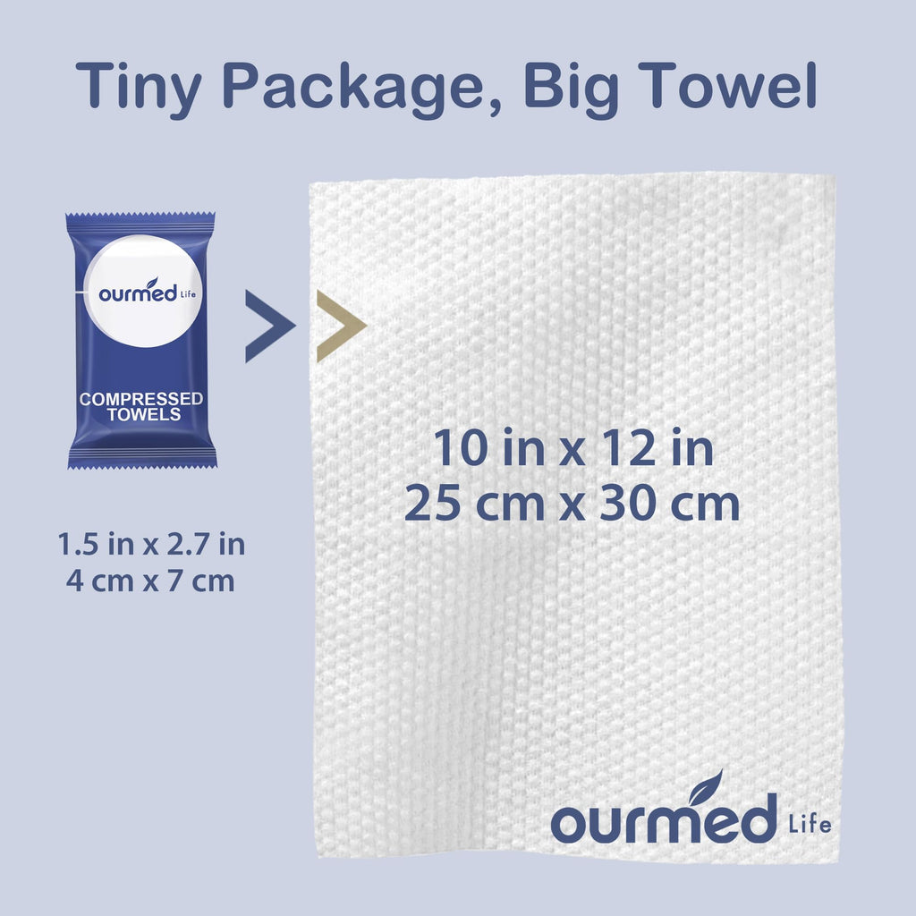 Ourmed Life Compressed Towel Tablets, Individually Wrapped Disposable Face Towels, Quick-Expand with Water, Soft & Lint-Free, 12"x10" Travel Washcloths for Camping,Hiking & Backpacking (100 Count)