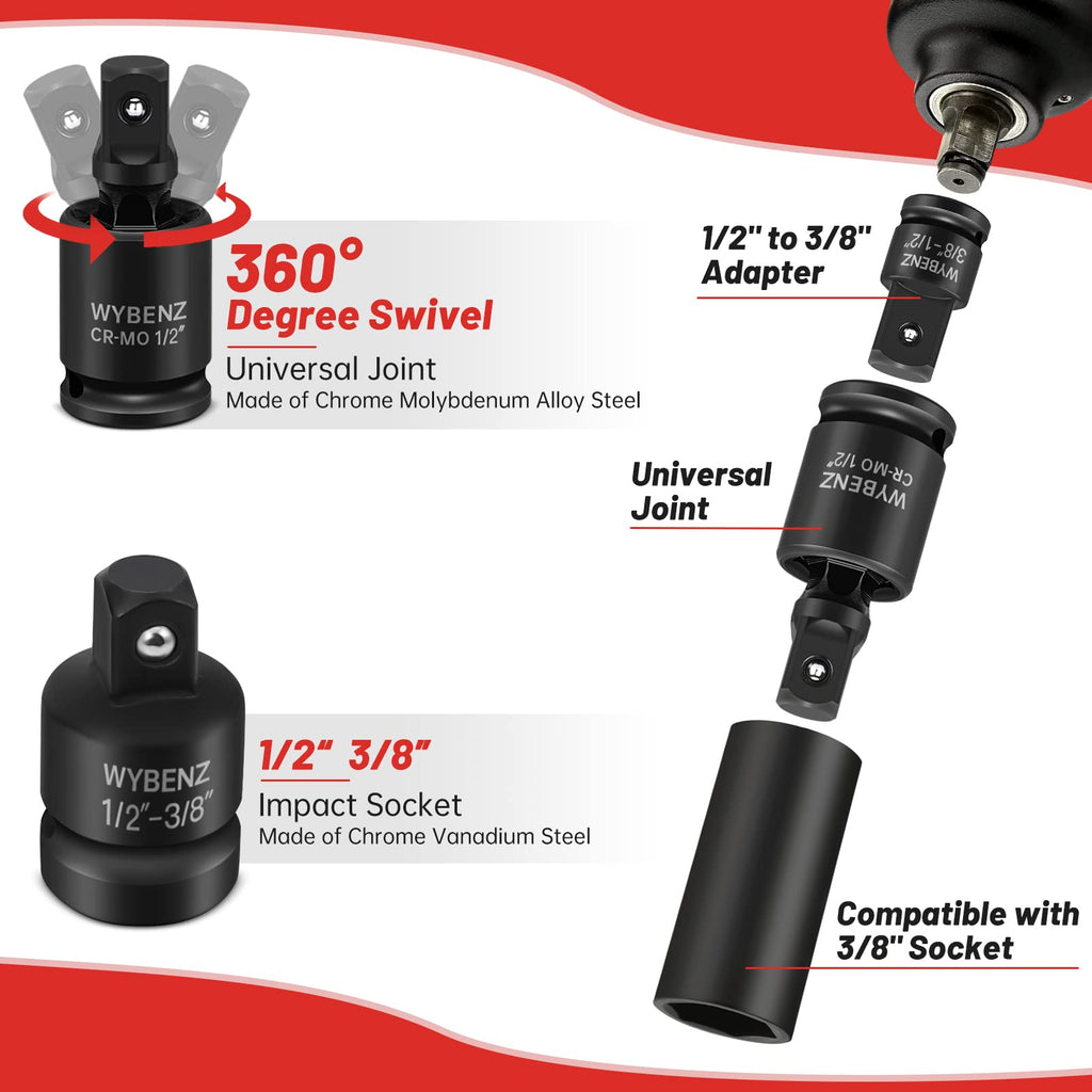 11PCS Impact Socket Adapter and Reducer Set, 1/4" 1/2" 3/8" 3/4" Impact Adapter Set & Universal Joint Impact Swivel Socket Set, Wobble Drive Socket Set with Storage Case