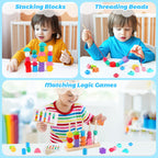 Montessori Wooden Beads Sequencing Toy Set, Stacking Blocks & Lacing Beads & Matching Shape Stacker for 2 3 4 5 Year Old STEM Preschool Learning Montessori Toys Gifts for Kids Boy Girl Toddler