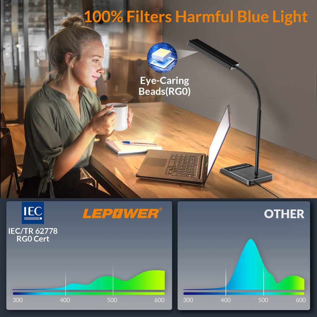 LEPOWER Desk Lamp, 800LM LED for Home Office, 12W Reading for Desk, Eye-Caring Light, Touch Table Gooseneck Lamp, 50 Lighting Modes, Bright for Bedroom, Study (Black)