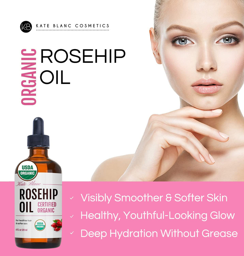 Kate Blanc Cosmetics Rosehip Oil for Face & Skin (4oz, Organic, Pure, Cold Pressed) Rosehip Seed Face Oil for Facial & Gua Sha Massage