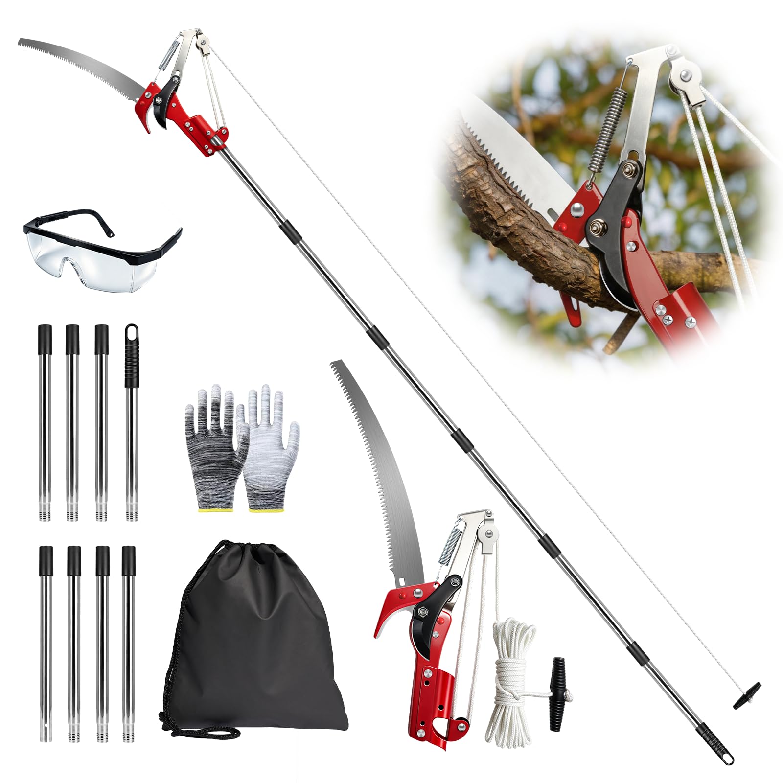 Griactrl Pole Saw for Tree Trimming, 10.8FT Extendable Tree Pruner Long Handle Branch Cutter with Pruning Saw & Scissors, Manual Limb Trimmer for High Branches, Yard Garden