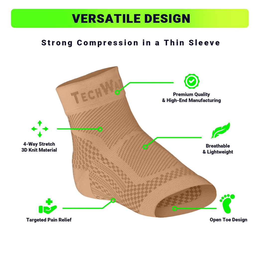 TechWare Pro Ankle Brace Compression Sleeve - Relieves Achilles Tendonitis, Joint Pain. Plantar Fasciitis Foot Sock with Arch Support Reduces Swelling & Heel Spur Pain. (Beige, XXL)