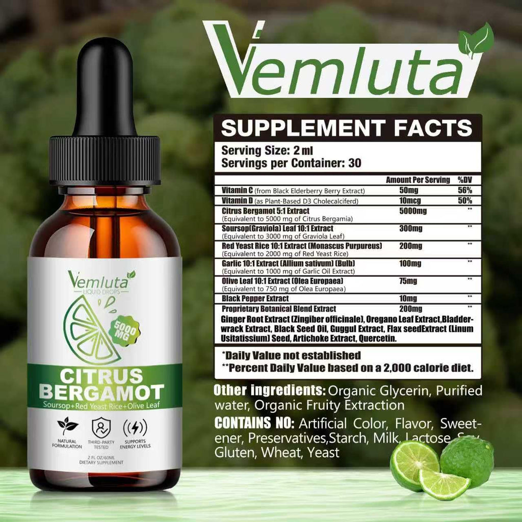 2 Packs 5000mg Citrus Bergamot Liquid Drops-2X Absorption- Cholesterol Lowering Supplement w Soursop, Red Yeast Rice, Olive Leaf, Hight Cholesterol -Soursop Bitters Liquid-Heart & Immune Support