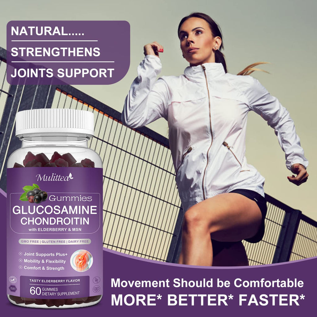 Mulittea Glucosamine Chondroitin Gummies - Extra Strength Joint Support Supplement with MSM & Elderberry for Natural Joint, Antioxidant Immune Support for Adults, Men & Women-(2 Pack)