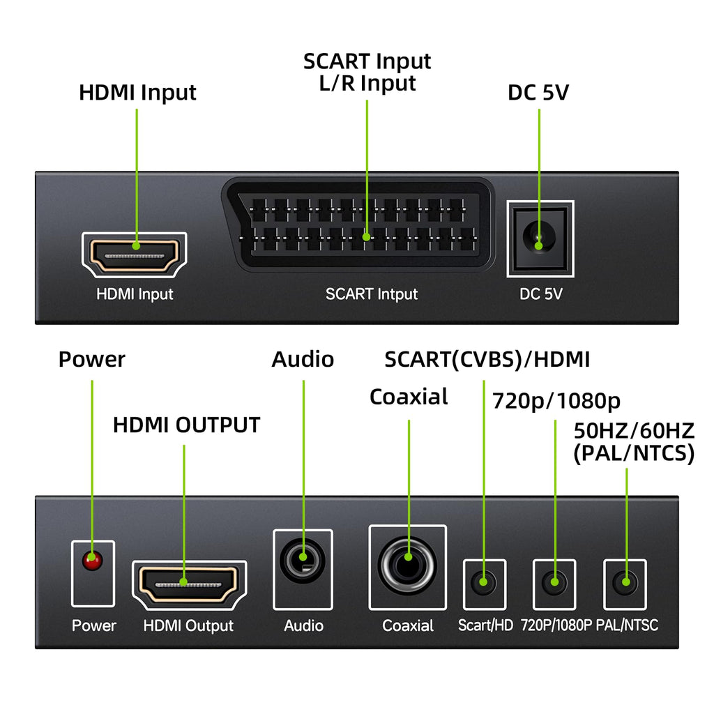 Scart Hdmi to Hdmi Video Converter Box 1080p Scaler 3.5mm Coaxial Audio Output for Game Consoles DVD