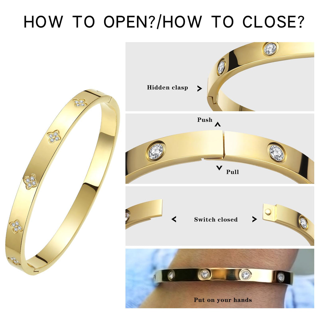 BOLAGTIER 14K Gold Plated Four Leaf Clover Bangle Bracelet (Gold-M)