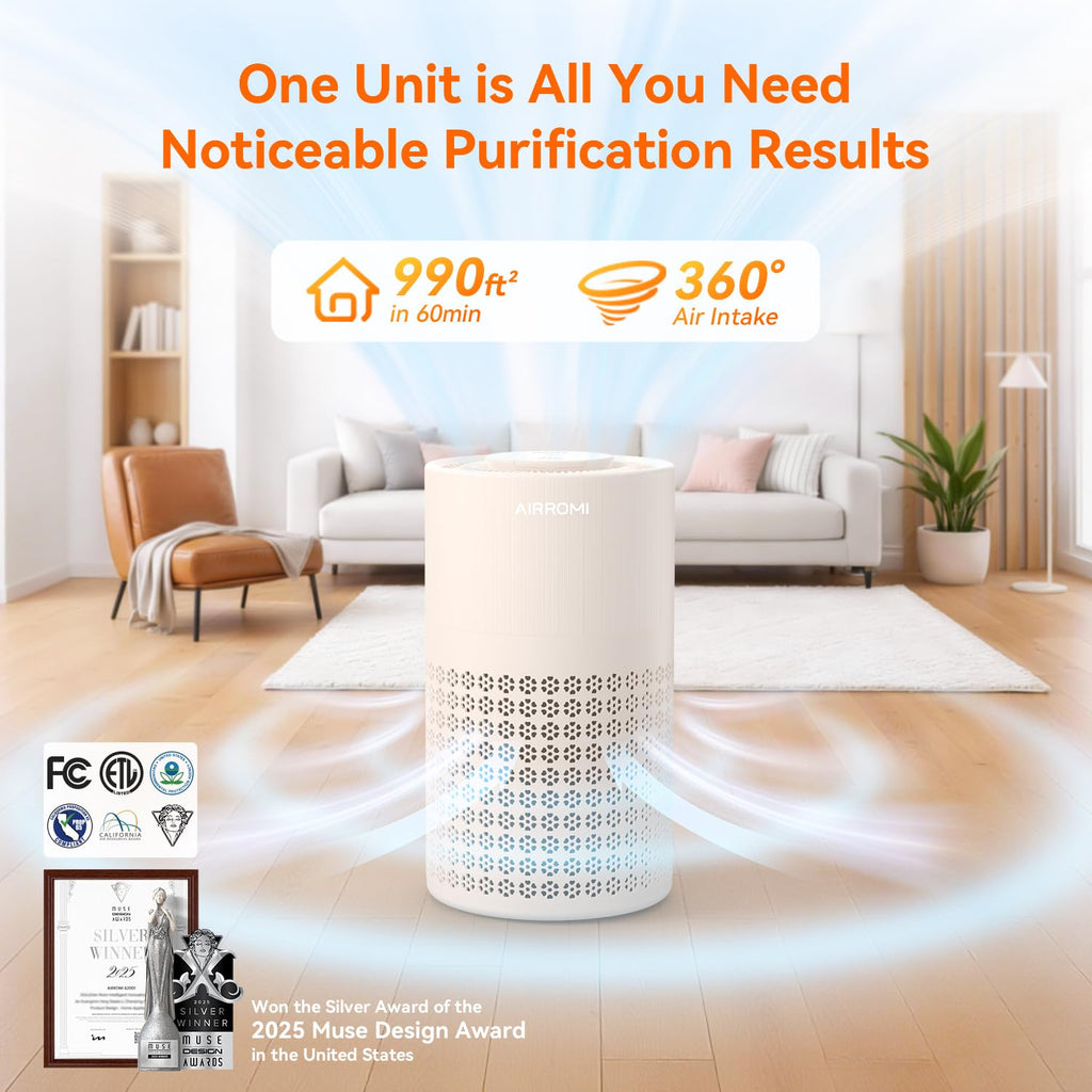 AIRROMI Air Purifier for Bedroom with A2001 Creamy Beige