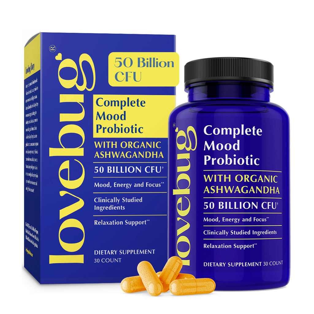 LOVEBUG Complete Mood Probiotic | 10 Clinically Studied Probiotic Strains & Patented Organic Ashwagandha for Cortisol and Serotonin Support | Natural Energy | Adaptogenic Stress-Defense | 30 Count