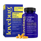 LOVEBUG Complete Mood Probiotic | 10 Clinically Studied Probiotic Strains & Patented Organic Ashwagandha for Cortisol and Serotonin Support | Natural Energy | Adaptogenic Stress-Defense | 30 Count
