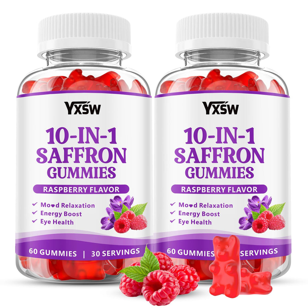 YXSW Saffron Gummies, Saffron Supplements for Kids & Adults with Ashwagandha, L-Theanine, Lemon Balm, Vitamin D3, B6, Magnesium & Zinc - Support Focus, Relaxation, Raspberry Flavor, 120 Count