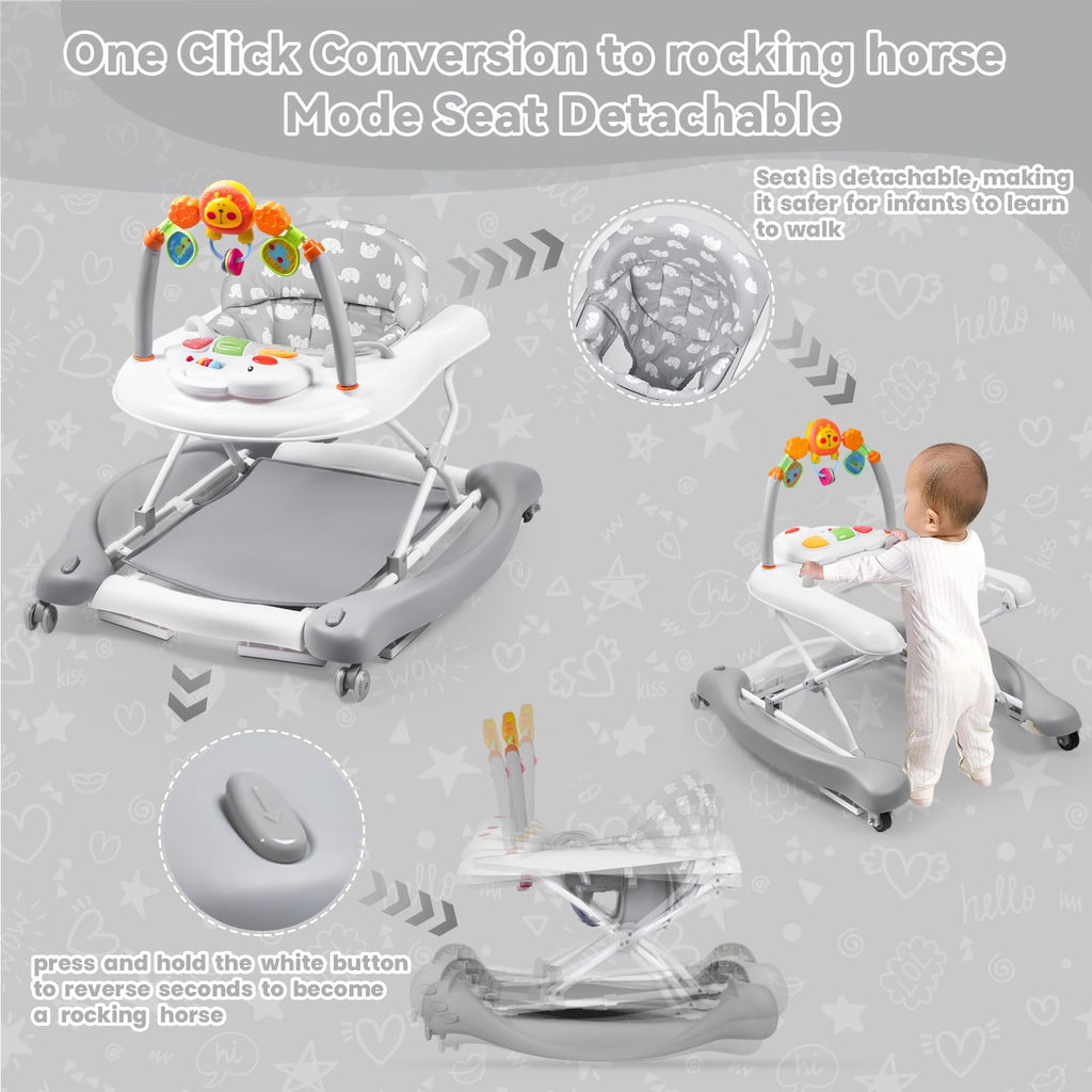 RefoereBabe Baby Walker with Wheels, 5 in 1 Baby Walkers for Boys Girls 6-12 Months, Foldable Walker Baby with Bouncer & Feeding Tray, Music, Adjustable Heights