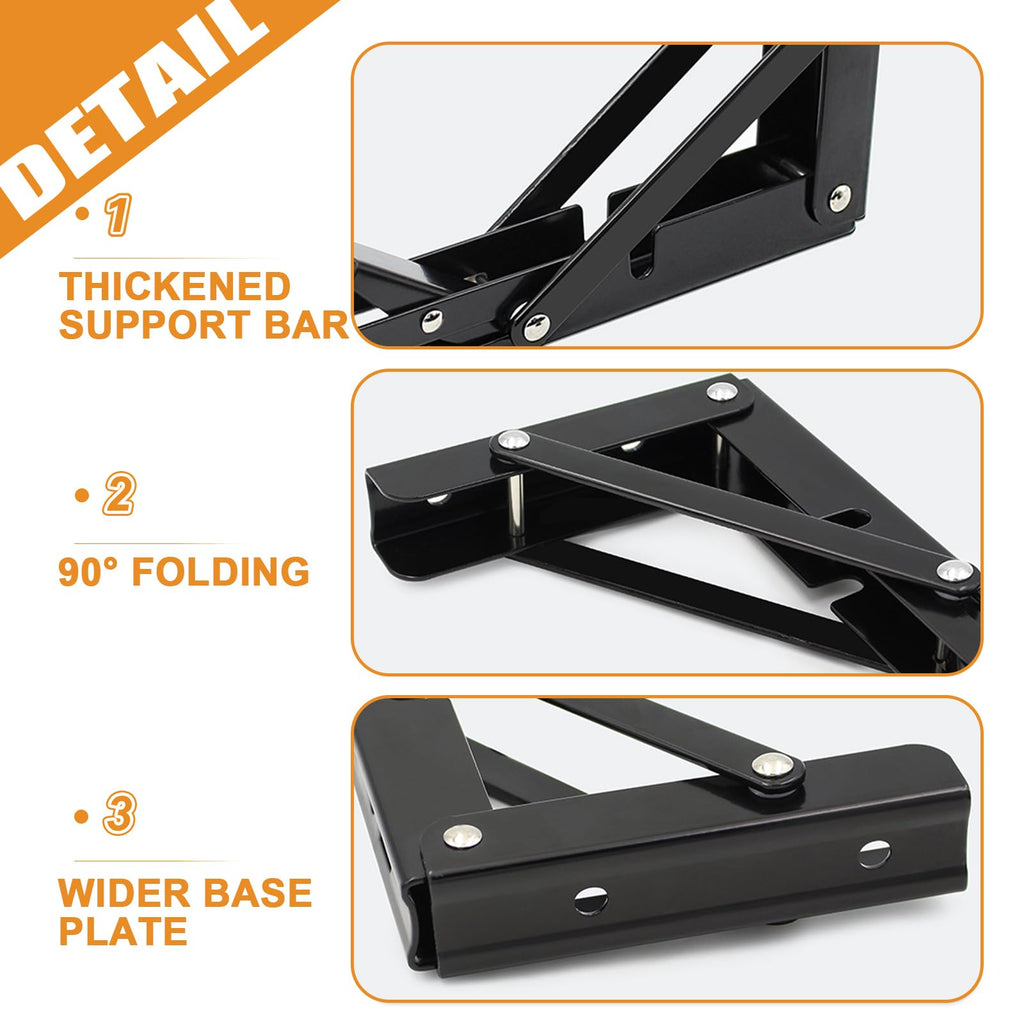 Storystore Folding Shelf Brackets - 8 Inch Heavy Duty Metal Collapsible Shelf Bracket for Bench Table, Shelf Hinge Wall Mounted Space Saving DIY Bracket, Max Load: 150 lb (4 PCS, Black)