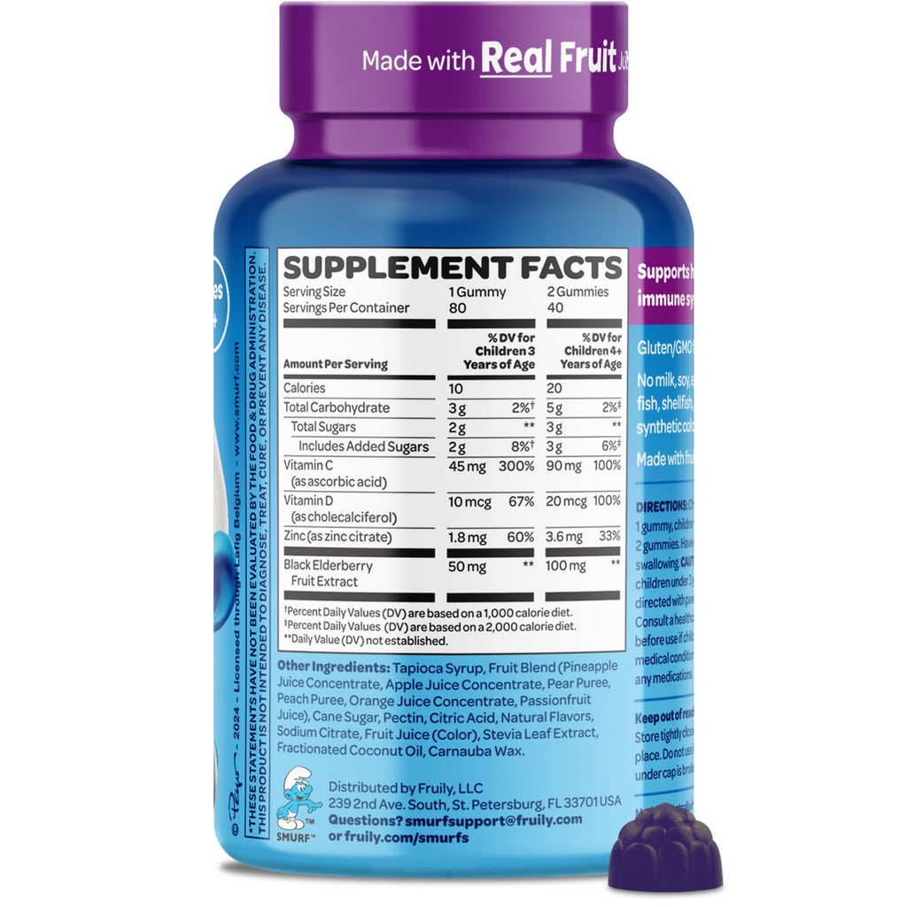 The Smurfs Immune Support Supplement Vitamins for Kids with Elderberry, Zinc, Vitamin C & D for Immune Defense Age 3+ | Made with Real Fruit in a Smurf Berry | Doctor Developed & Non-GMO | 80 Gummies