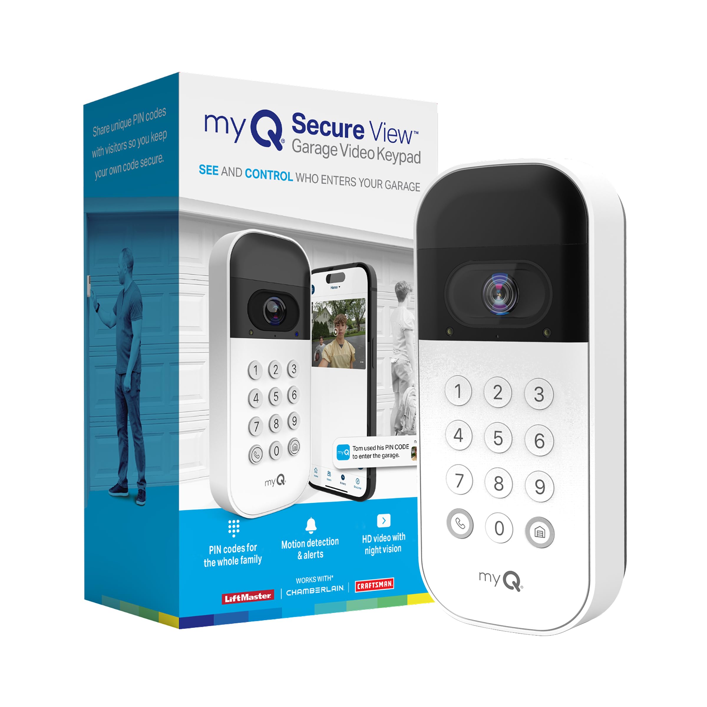 myQ Smart Garage Door Video Keypad with Wide-Angle Camera,Customizable PIN Codes,and Smartphone Control–Take Charge of Your Garage Access Works with Chamberlain, LiftMaster and Craftsman openers,White