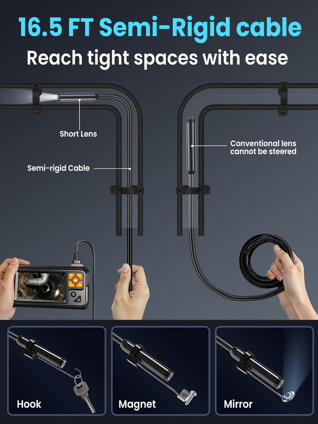 Vorth Endoscope Camera with Light, 4.3" IPS Screen 1080P Borescope with 8 LED Lights, Semi-Rigid Cable Snake Camera, IP67 Waterproof Sewer Inspection Men Tool - 16.5FT-Single Lens