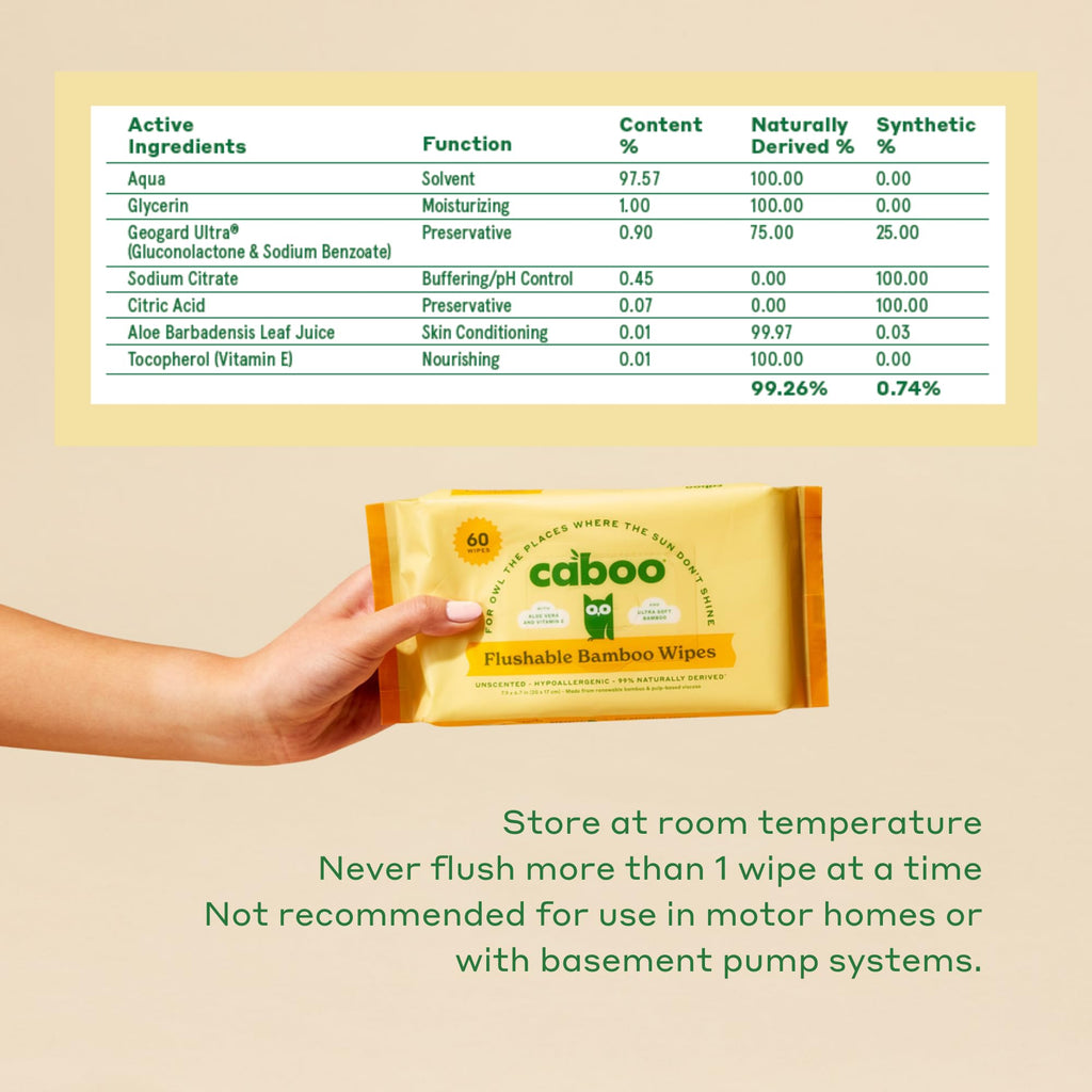 Caboo Tree Free Flushable Wipes, Certified Flushable, Septic Safe, Biodegradable, Chemical Free, Unscented Wipes for Adults made with Renewable Bamboo Based Viscose (Pack of 3, Total of 180)