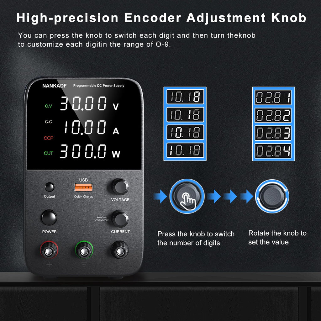 DC Power Supply Variable, Bench Power Supply with Encoder Adjustment Knob, Output Enable/Disable Button, Adjustable Power Supplies with USB Quick-Charge, Short Circuit Alam (30V 10A Black)
