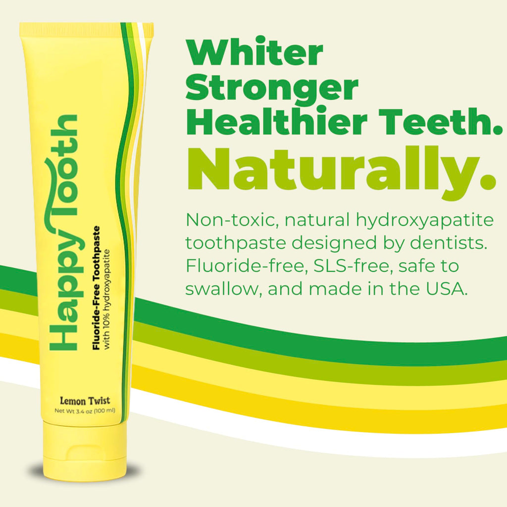 Happy Tooth Hydroxyapatite Toothpaste, Fluoride Free, Natural Whitening for Kids, Toddlers and Adults, SLS Free, Enamel Safe, Dentist Formulated with Clean Ingredients, Lemon Twist Flavor, 3.4 oz