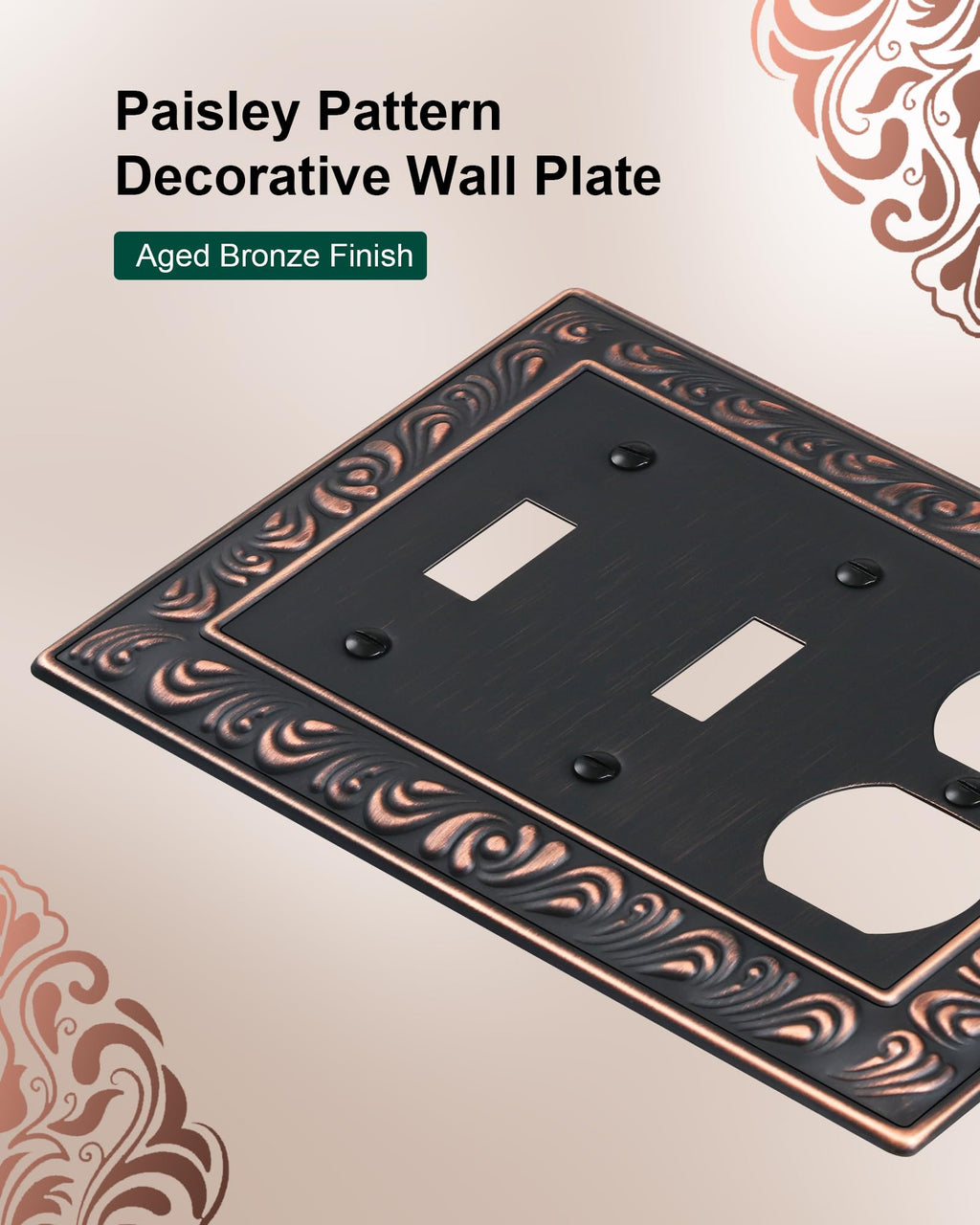 TREEWELL 2-Pack Combo Double Toggle/Single Duplex Outlet Covers, Paisley Pattern Decorative Switch Plates and Outlet Covers, 4 Gang Aged Bronze Metal Wall Plates, Corrosion Resistant