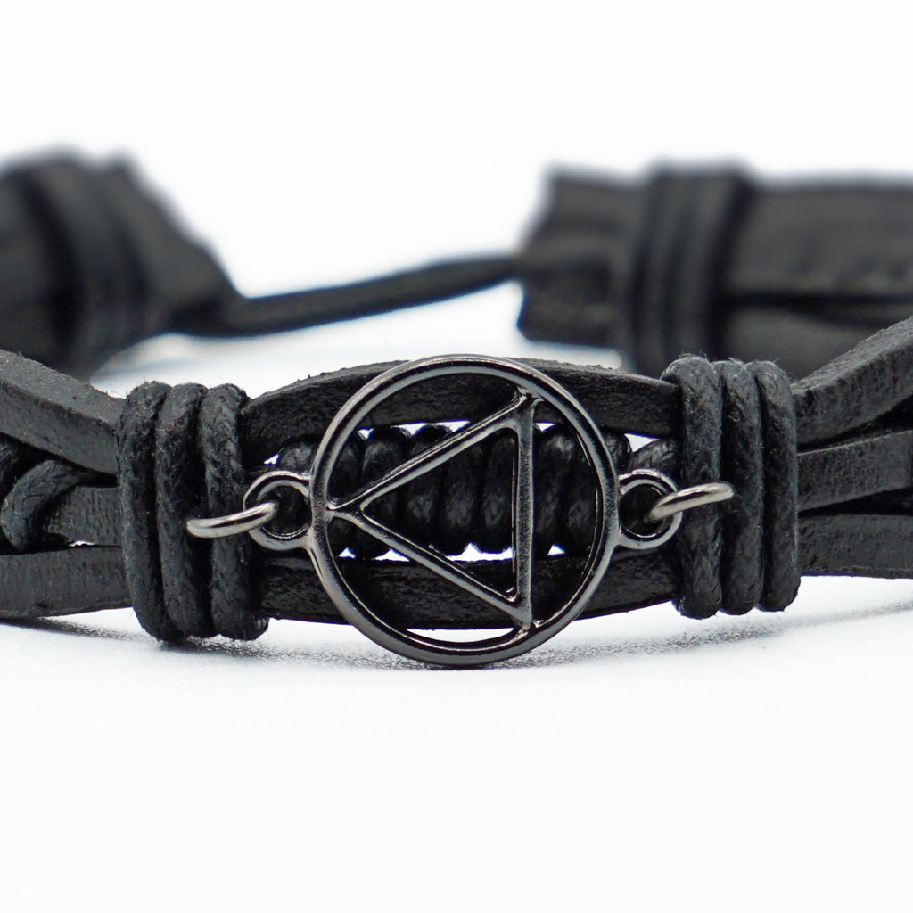 Adjustable Black Leather AA Bracelet with Alcoholics Anonymous Charm