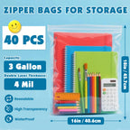 40 Pack Large 3 Gallon Storage Bags with Zipper Top, 16 x 18 inch Zipper Bags, Clear Plastic Bag for Storage, Reusable, Sealable Storage Bag for Clothes, Travel & Moving, Double-sided Thickness 4 Mil