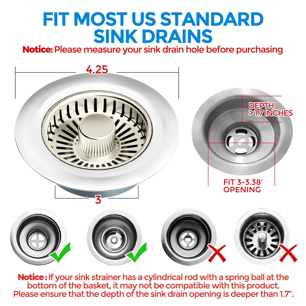 zaa Kitchen Sink Drain Strainer - Kitchen Sink Stopper, 304 Stainless Steel Sink Drain Stopper, Sink Protector for Kitchen with Anti-Clog Filter, Fit US Standard 3-1/2'' Sink Drain Hole, Nickel