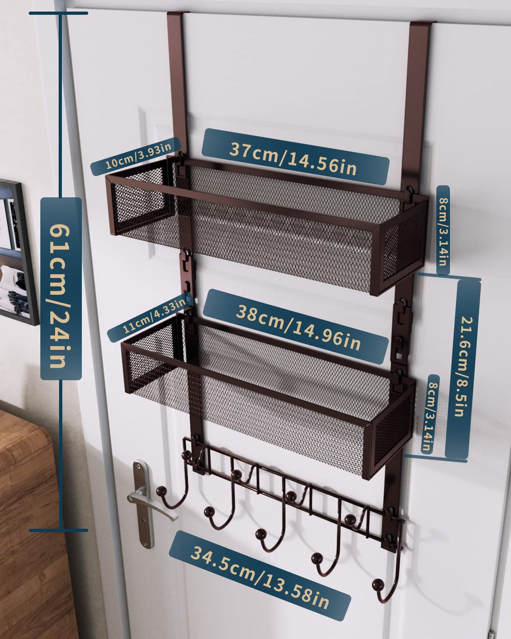 Consumest Over The Door Hooks Organizer - 3 Tier Door Hanger with 9 Coat Hooks & 2 Mesh Basket, Back Storage Organizer Hanging Towels for Bathroom, Bedroom, Bronze