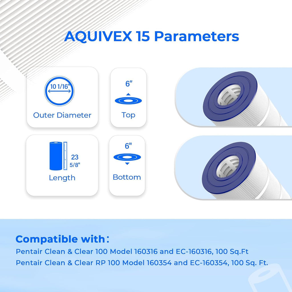 AQUIVEX CCRP100 Pool Filter Cartridge, Compatible with Pentair Clean & Clear 100, 160316, EC-160316, Pentair Clean and Clear RP 100, 160354, EC-160354, R173215, Pleatco PAP100, Unicel C-9410, 2 Pack