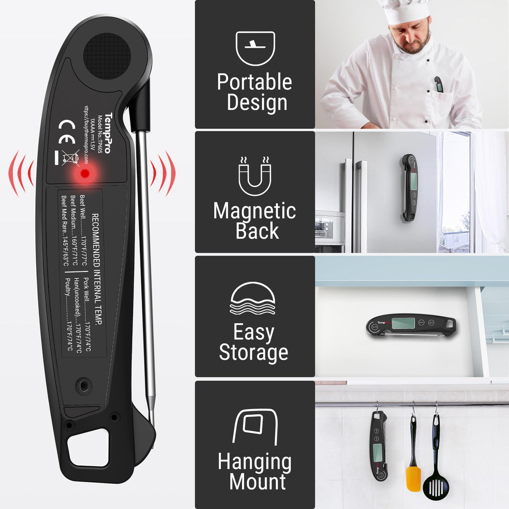 TempPro TP605 Instant Read Meat Thermometer for Cooking, Waterproof Digital Food Thermometer with Large Backlit LCD, Kitchen Thermometer for Grilling, Smoking & Candy Making (Previously ThermoPro)