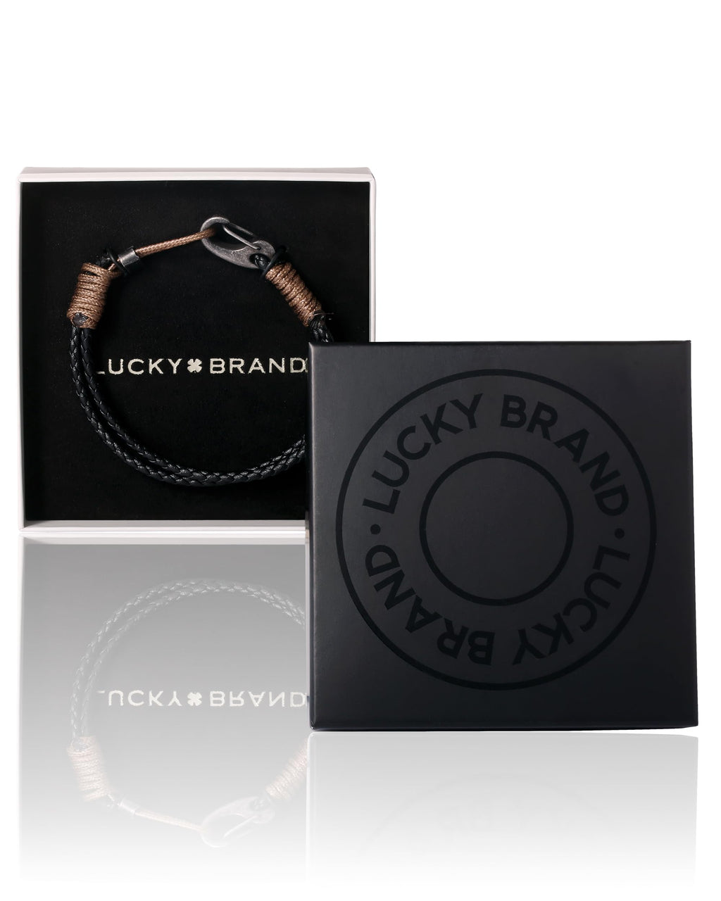 Lucky Brand 2-Row Corded Black Leather Bracelet for Men with Brown