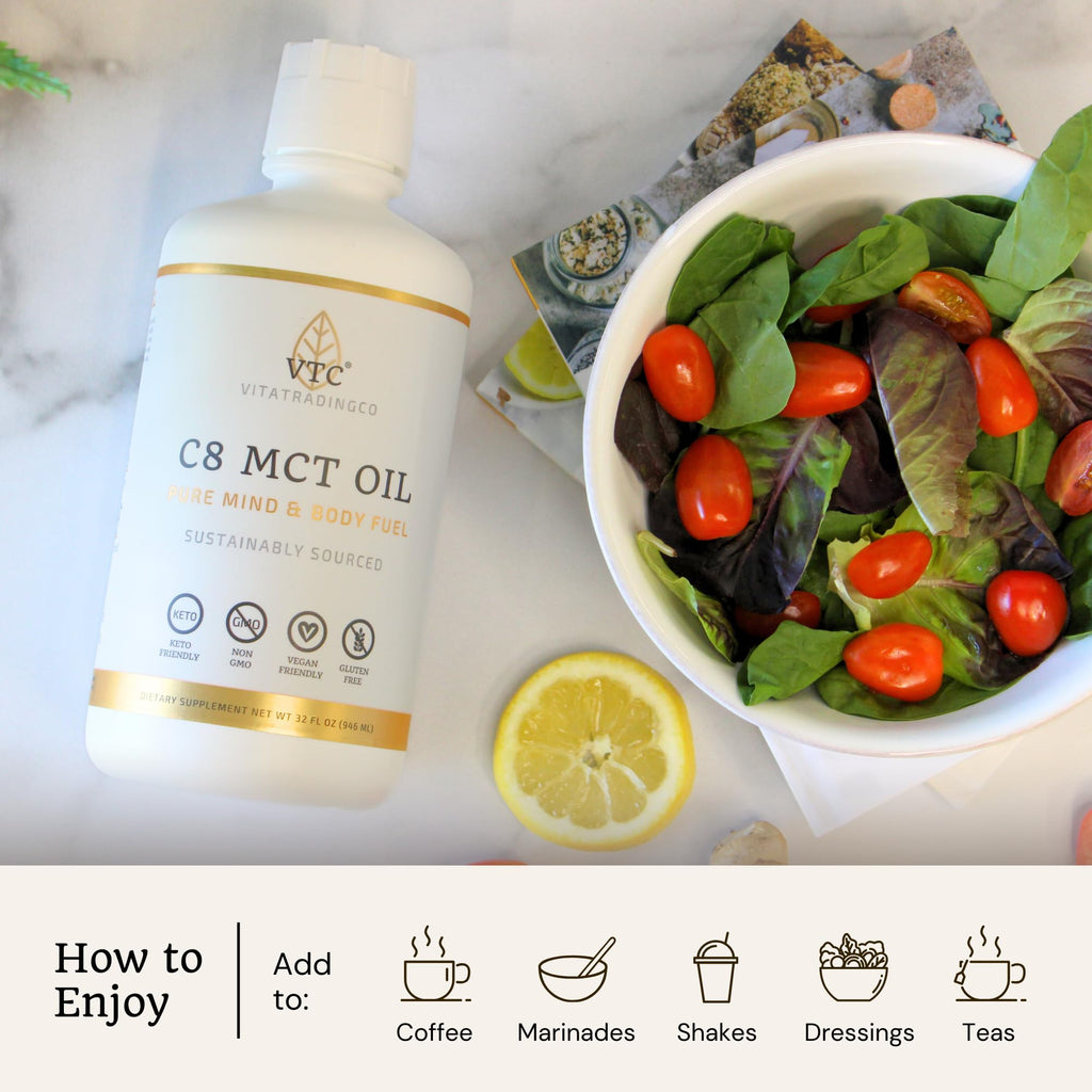 VTC VitaTradingCo. 100% Pure C8 MCT Oil | 3X Distilled Caprylic Acid | Healthy Fat for Clean Energy | Sustainably Sourced | Non-GMO, Paleo, Keto | 32oz, 64 Servings (Unflavored)