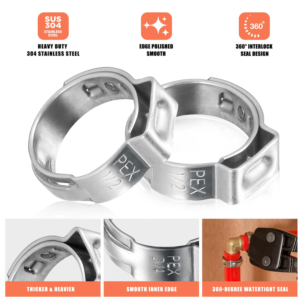 WYSIWYKA 126pcs 1/2 inch PEX Cinch Clamps Rings, 304 Stainless Steel Single Ear Hose Clamps, Pex Crimp Rings for PEX Tubing Pipe Fitting Connections
