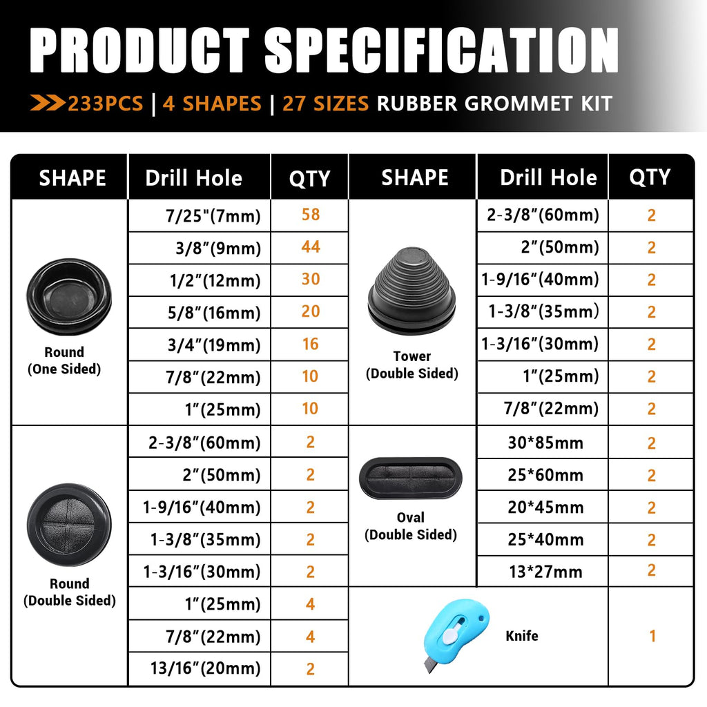 mankk 233PCS Rubber Grommet Kit 27 Sizes (7/25"-2-3/8") Tower/Oval/Round Firewall Grommet Wire Grommet Double Sided Rubber Hole Plug with Knife for Wire Protection