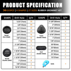 mankk 233PCS Rubber Grommet Kit 27 Sizes (7/25"-2-3/8") Tower/Oval/Round Firewall Grommet Wire Grommet Double Sided Rubber Hole Plug with Knife for Wire Protection